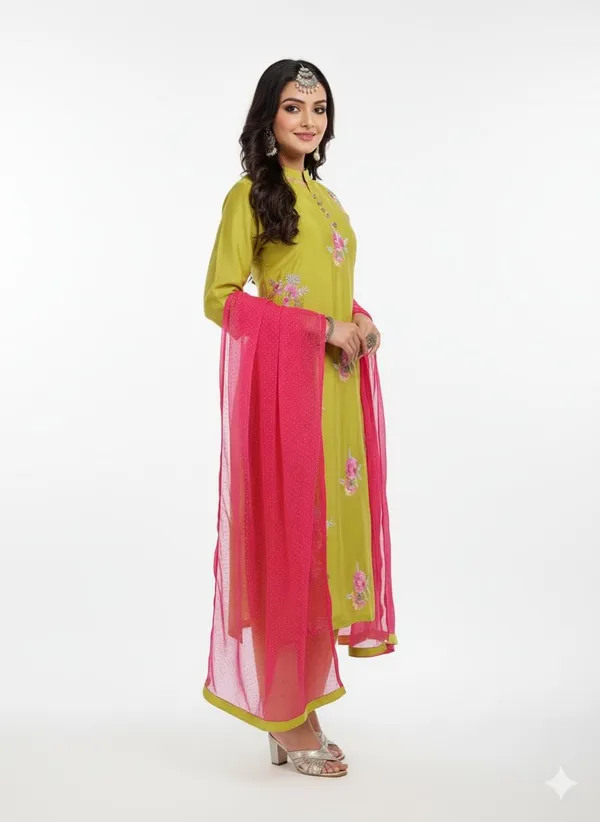 Parrot_Green_Rayon_Cotton_Mix_3_Piece_Roman_Silk_Kurta_Pant_Dupatta_Set_For_Women