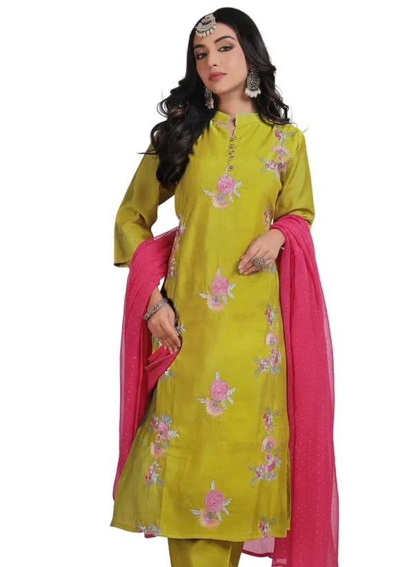 Parrot_Green_Rayon_Cotton_Mix_3_Piece_Roman_Silk_Kurta_Pant_Dupatta_Set_For_Women