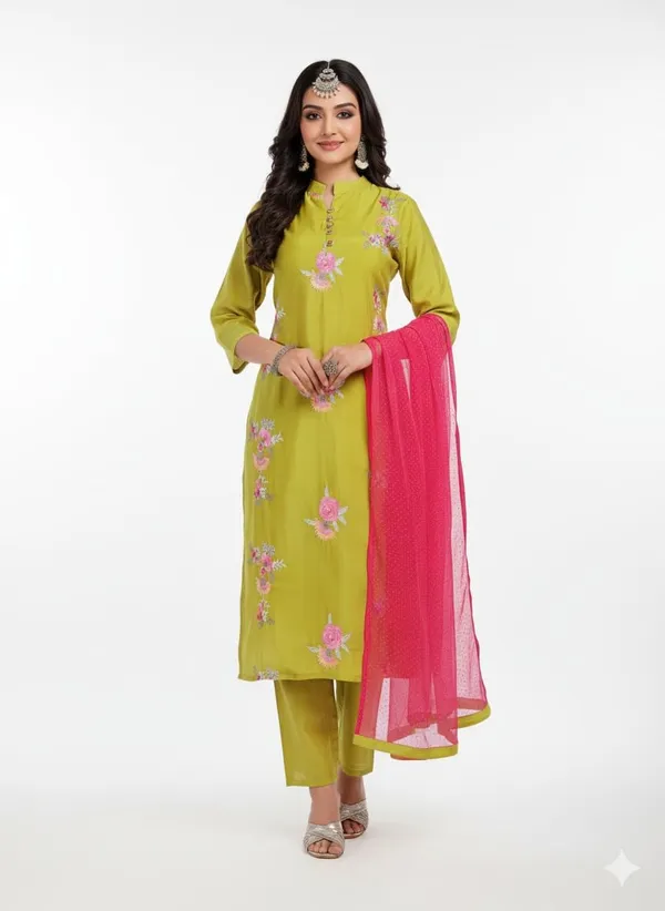 Parrot_Green_Rayon_Cotton_Mix_3_Piece_Roman_Silk_Kurta_Pant_Dupatta_Set_For_Women