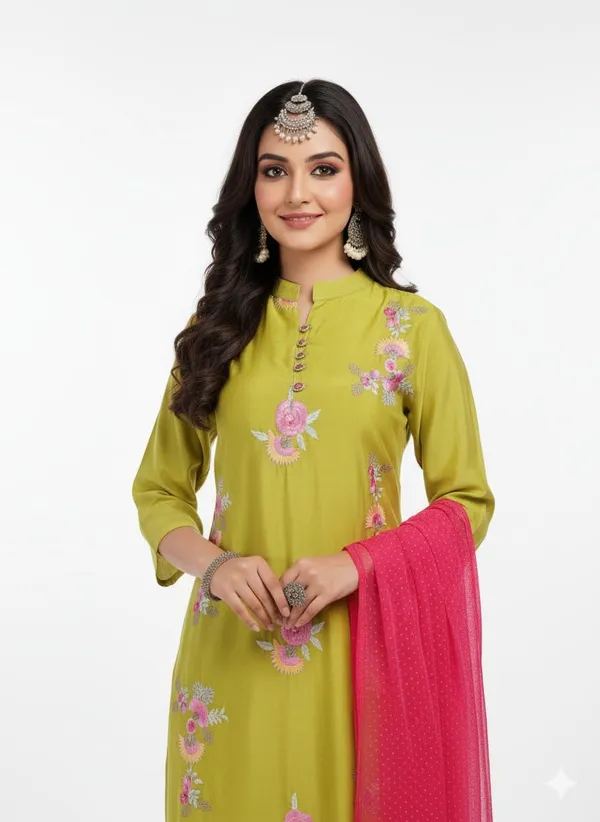 Parrot_Green_Rayon_Cotton_Mix_3_Piece_Roman_Silk_Kurta_Pant_Dupatta_Set_For_Women