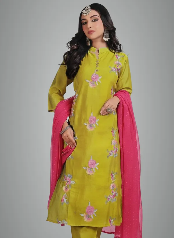 Parrot_Green_Rayon_Cotton_Mix_3_Piece_Roman_Silk_Kurta_Pant_Dupatta_Set_For_Women
