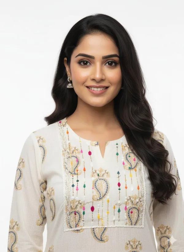 White_Blue_Cotton_Single_Kurti_For_Women