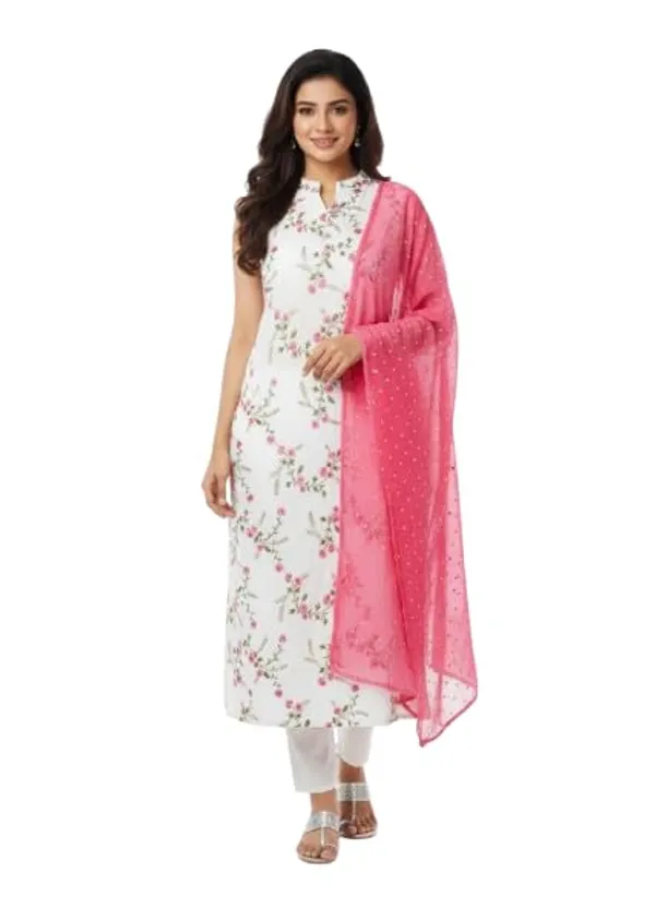 White_Pink_Cotton_Kurta_Pant_Dupatta_Set,_For_Women