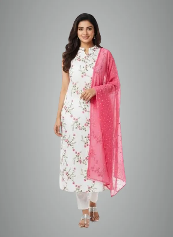 White_Pink_Cotton_Kurta_Pant_Dupatta_Set,_For_Women