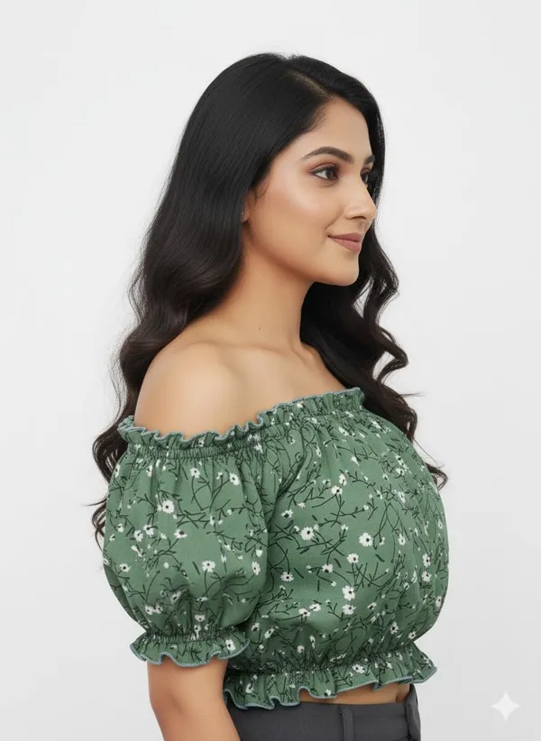 Green_Polyester_Off-Shoulder_Crop_Top_For_Women