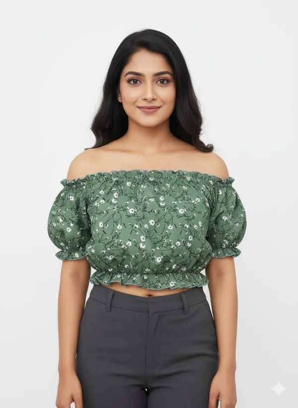 Green_Polyester_Off-Shoulder_Crop_Top_For_Women