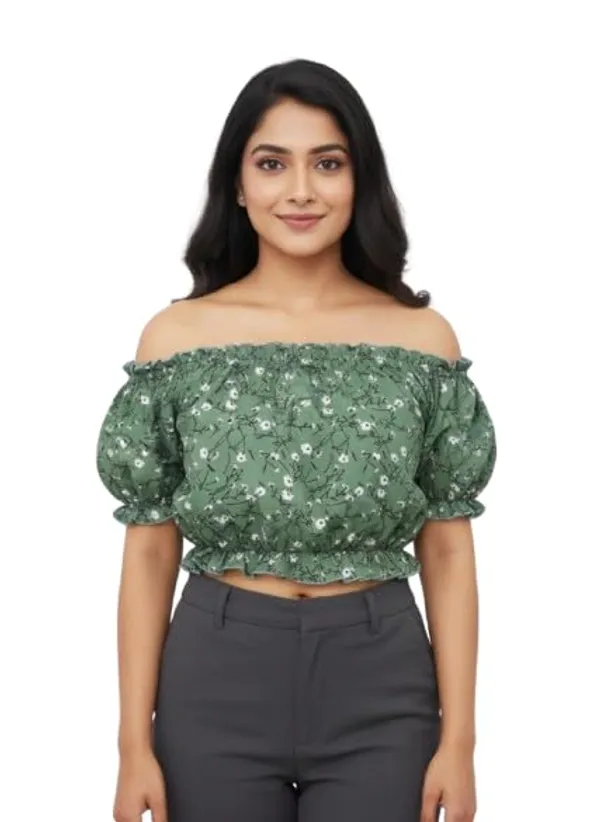 Green_Polyester_Off-Shoulder_Crop_Top_For_Women