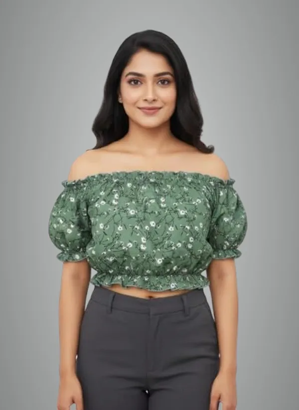Green_Polyester_Off-Shoulder_Crop_Top_For_Women