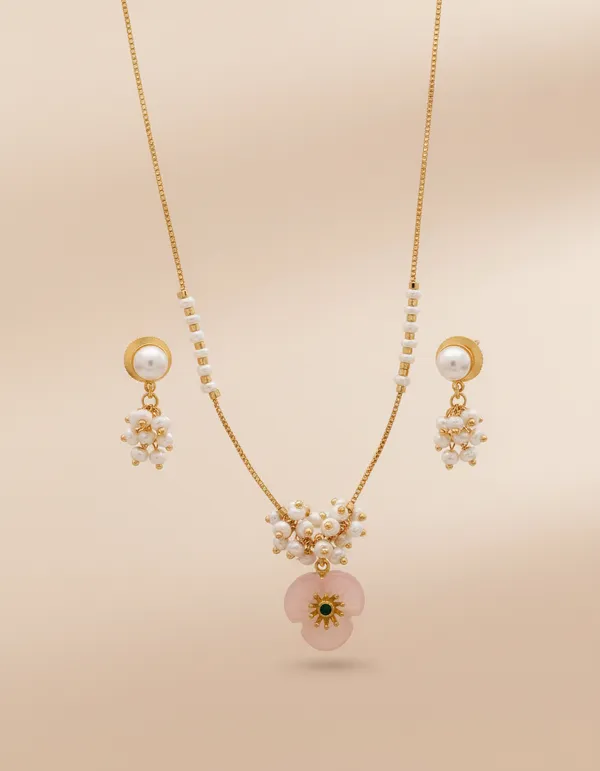 Gold-Plated_Moti_Cluster_Necklace_Set_with_Pink_Flower_Pendant_&_Pearl_Earrings