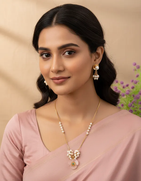 Gold-Plated_Moti_Cluster_Necklace_Set_with_Pink_Flower_Pendant_&_Pearl_Earrings