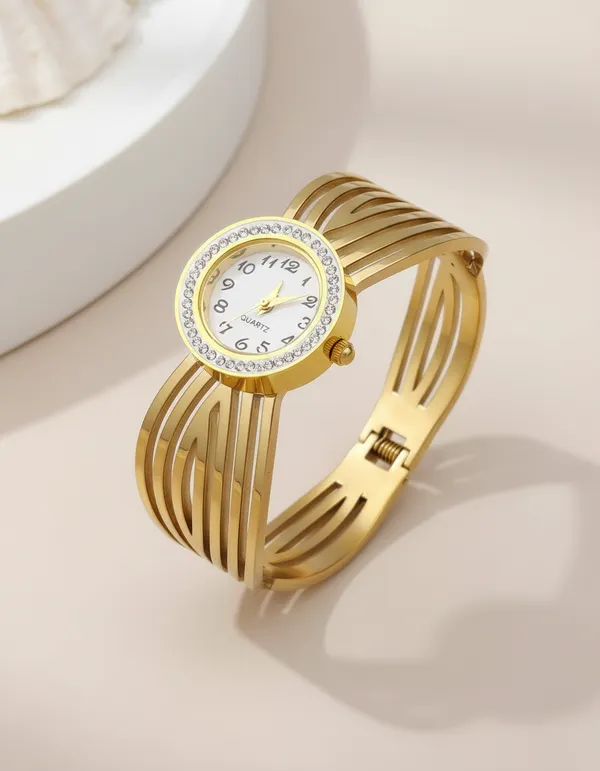 Anti-Tarnish_Gold-Plated_Crystal_Bezel_Wave-Design_Women_Bracelet_Watch