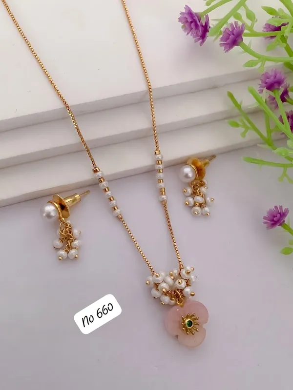 Gold-Plated_Moti_Cluster_Necklace_Set_with_Pink_Flower_Pendant_&_Pearl_Earrings