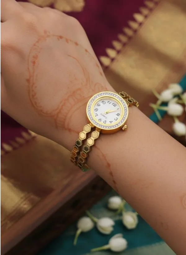 Anti-Tarnish_Gold-Plated_Hexagon_Texture_Women_Bracelet_Watch