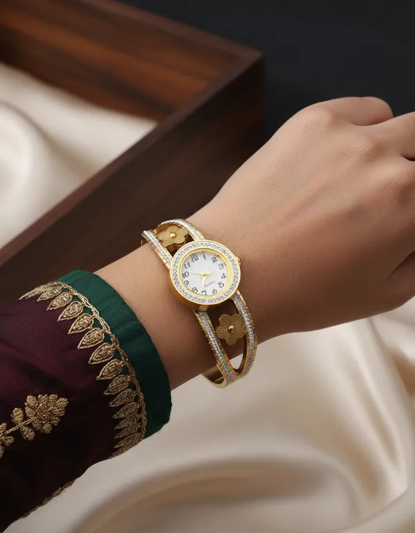 Anti-Tarnish_Gold-Plated_Floral_Design_Women_Bracelet_Watch
