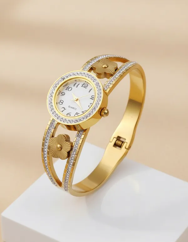 Anti-Tarnish_Gold-Plated_Floral_Design_Women_Bracelet_Watch
