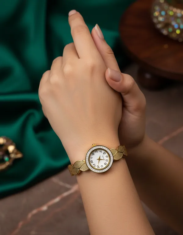 Anti-Tarnish_Gold-Plated_Textured_Leaf_Women_Bracelet_Watch
