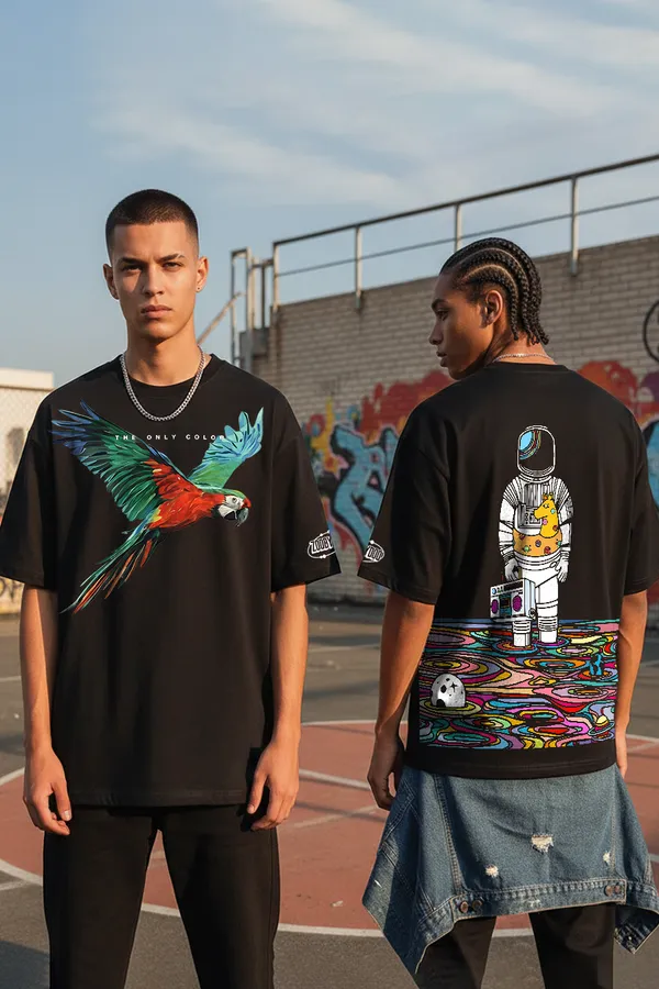 Black_Cosmic_Escape_Combo_Astronaut_Odyssey_&_Paradise_In_Motion Oversize�Tees_For_Unisex_240_GSM