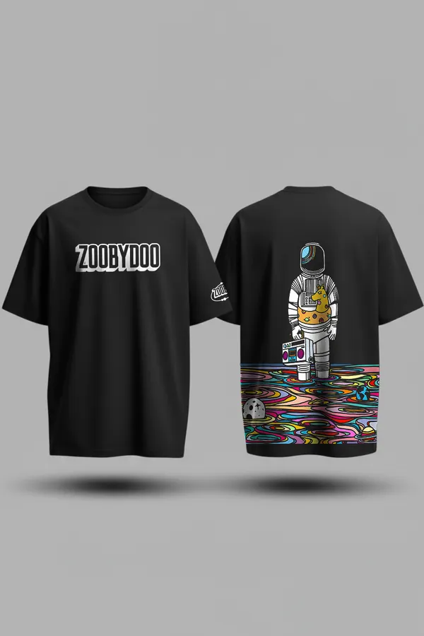 Black_Cosmic_Escape_Combo_Astronaut_Odyssey_&_Paradise_In_Motion Oversize�Tees_For_Unisex_240_GSM