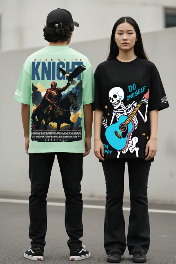 Black_&_Light_Green_Street_Duel_Combo_Knight_Warrior_Happy_Skeleton_Black Oversize�Tees_For_Unisex_240_GSM