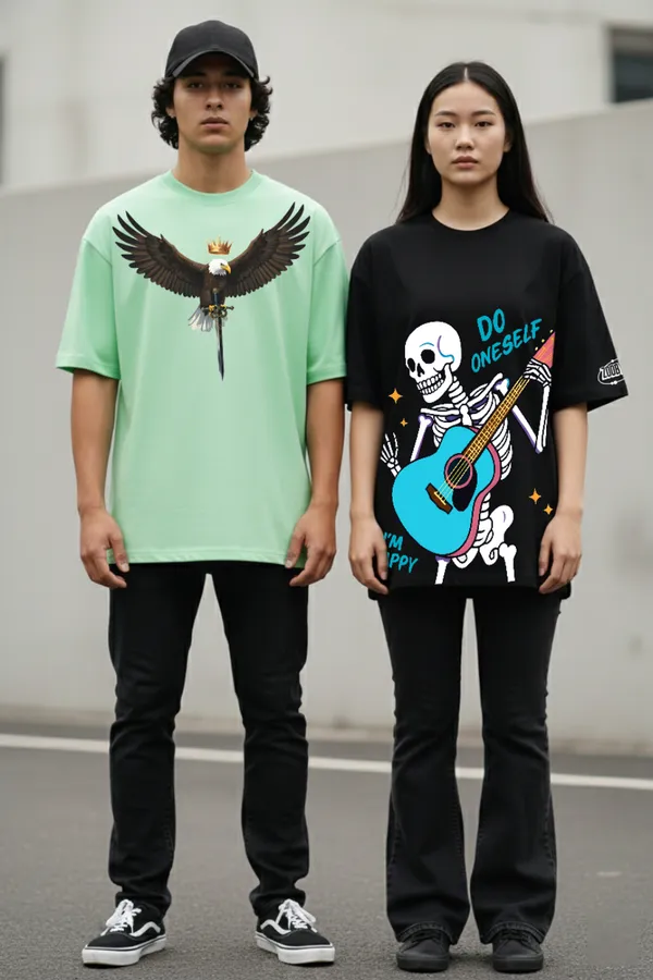 Black_&_Light_Green_Street_Duel_Combo_Knight_Warrior_Happy_Skeleton_Black Oversize�Tees_For_Unisex_240_GSM