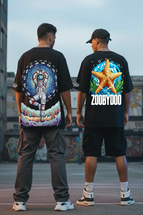 Black_Cosmic_Depths_Combo_Astronaut_Meditation_&_Deep_Sea_Starfish�Oversize�Tees_For_Unisex_240_GSM