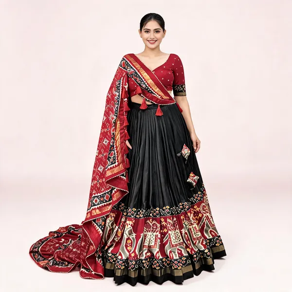 Tussar_Silk_Patola_Print_Trendy_Lehenga_Choli_In_Black_For_Women