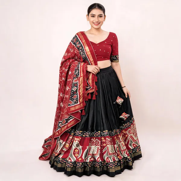Tussar_Silk_Patola_Print_Trendy_Lehenga_Choli_In_Black_For_Women
