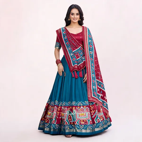 Tussar_Silk_Patola_Print_Trendy_Lehenga_Choli_In_Firozi_For_Women