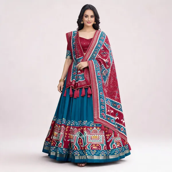 Tussar_Silk_Patola_Print_Trendy_Lehenga_Choli_In_Firozi_For_Women