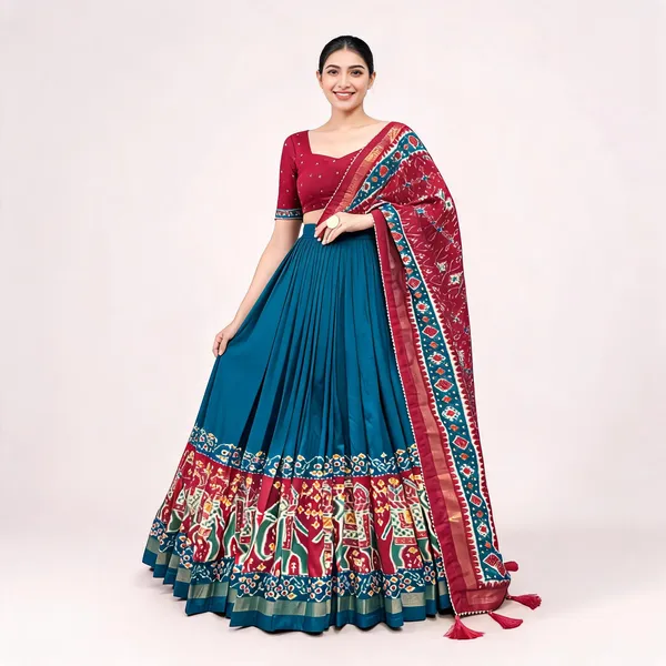 Firozi_Tussar_Silk_Patola_Print_Trendy_Lehenga_Choli_For_Women