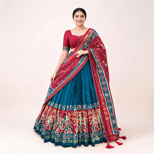 Firozi_Tussar_Silk_Patola_Print_Trendy_Lehenga_Choli_For_Women