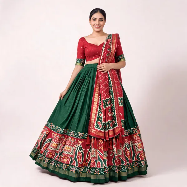 Tussar_Silk_Patola_Print_Trendy_Lehenga_Choli_In_Green_For_Women