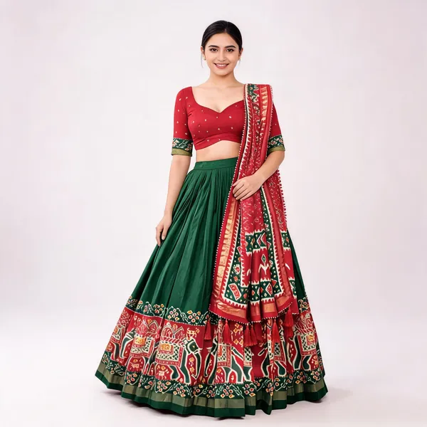 Tussar_Silk_Patola_Print_Trendy_Lehenga_Choli_In_Green_For_Women