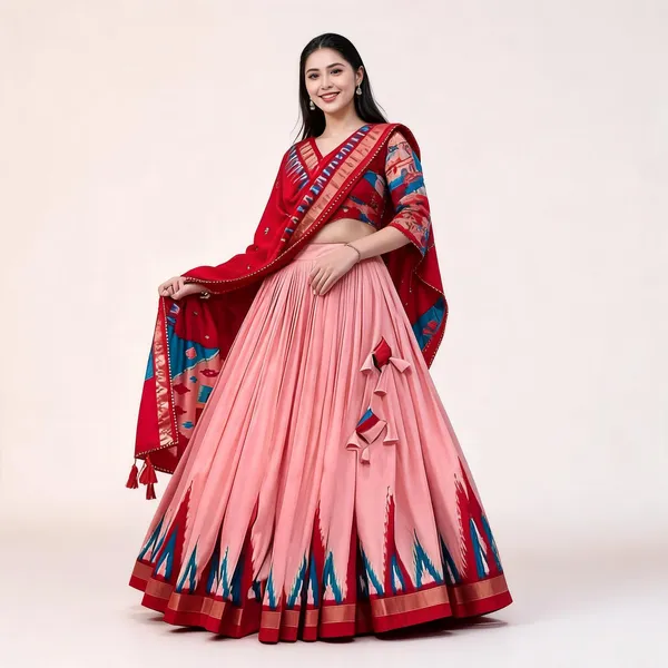 Peach_Color_Tussar_Silk_Printed_Navratri_Lehenga_Choli_For_Women
