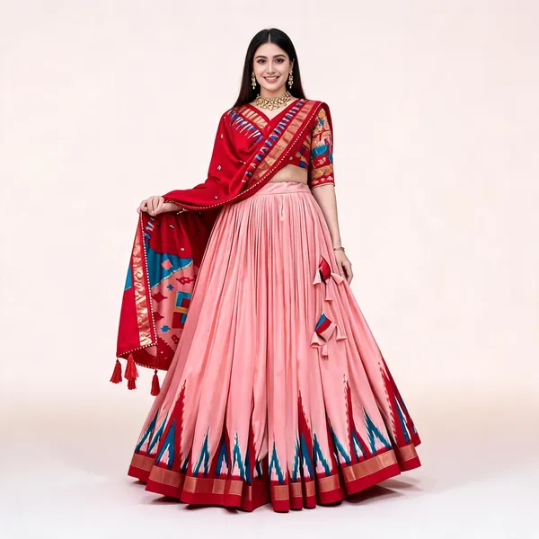 Peach_Color_Tussar_Silk_Printed_Navratri_Lehenga_Choli_For_Women