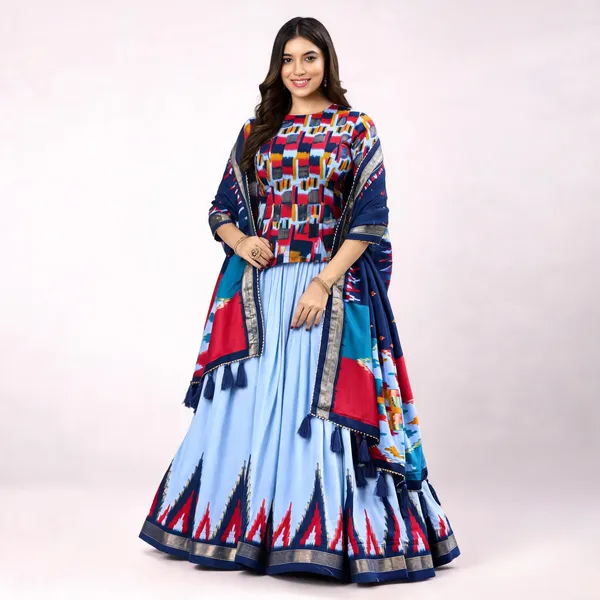 Sky_Blue_Purple_Color_Tussar_Silk_Printed_Navratri_Lehenga_Choli_For_Women