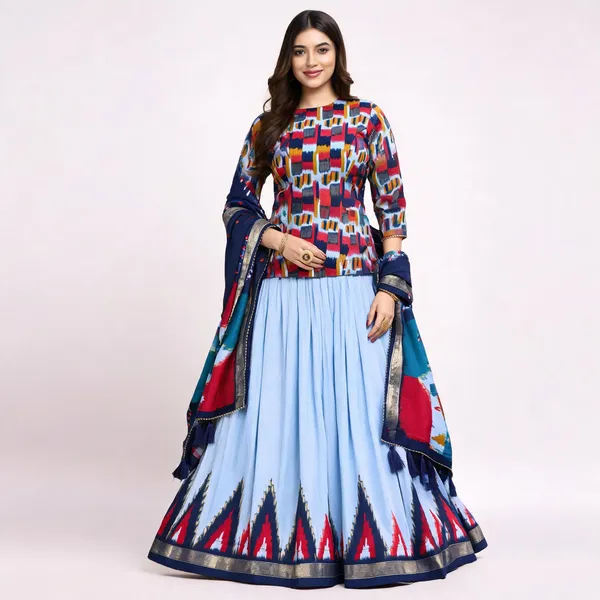 Sky_Blue_Purple_Color_Tussar_Silk_Printed_Navratri_Lehenga_Choli_For_Women