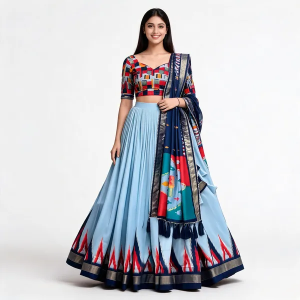 Sky_Blue_Purple_Color_Tussar_Silk_Printed_Navratri_Lehenga_Choli_For_Women