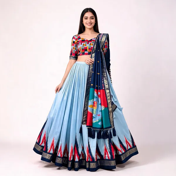 Sky_Blue_Purple_Color_Tussar_Silk_Printed_Navratri_Lehenga_Choli_For_Women