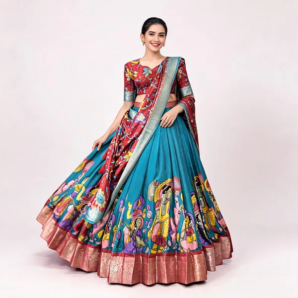 Firozi_Color_Dola_Silk_Designer_Kalamkari_Print_Lehenga_Choli_For_Women