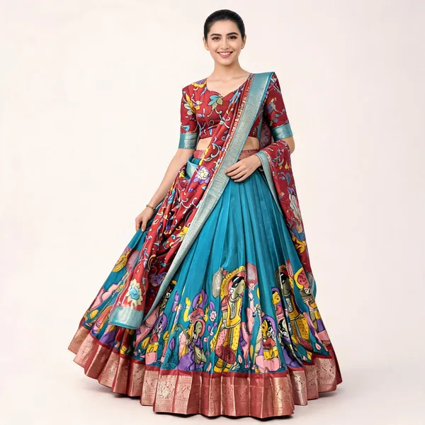 Firozi_Color_Dola_Silk_Designer_Kalamkari_Print_Lehenga_Choli_For_Women