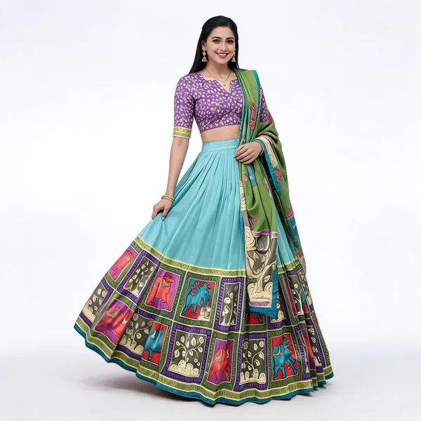 Sea_Green_Color_Tussar_Silk_Foil_Print_Lehenga_Choli_For_Women
