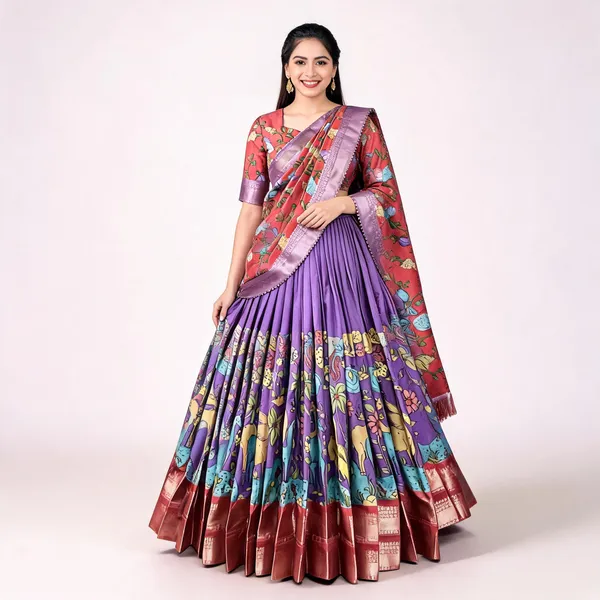 Lavender_Color_Dola_Silk_Designer_Kalamkari_Print_Lehenga_Choli_For_Women