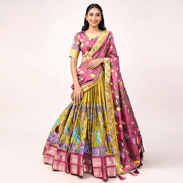 Mustard_Color_Dola_Silk_Designer_Kalamkari_Print_Lehenga_Choli_For_Women
