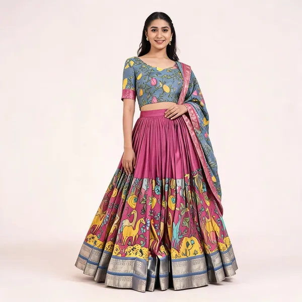 Pink_Color_Dola_Silk_Designer_Kalamkari_Print_Lehenga_Choli_For_Women