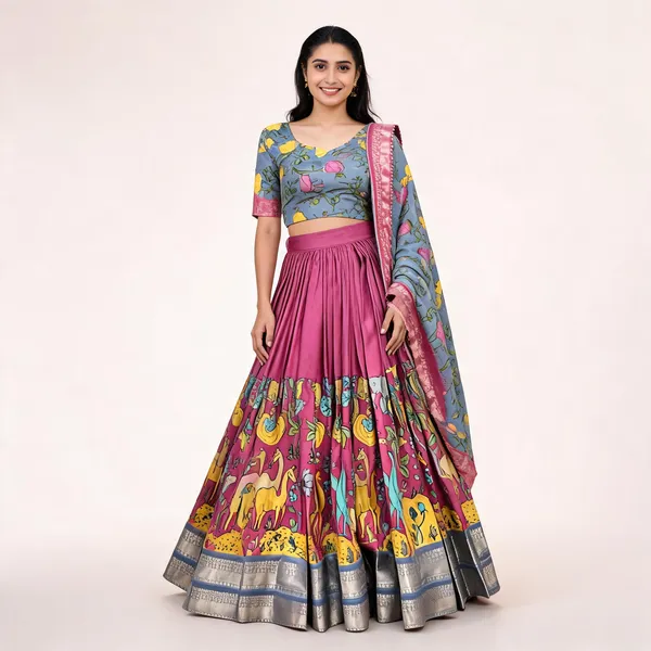 Pink_Color_Dola_Silk_Designer_Kalamkari_Print_Lehenga_Choli_For_Women