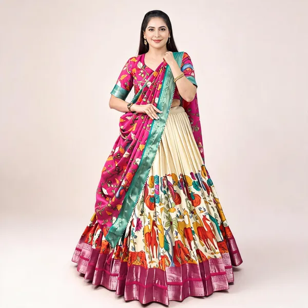 White_Colour_Dola_Silk_Designer_Kalamkari_Print_Lehenga_Choli_For_Women
