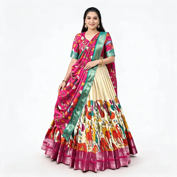 White_Colour_Dola_Silk_Designer_Kalamkari_Print_Lehenga_Choli_For_Women