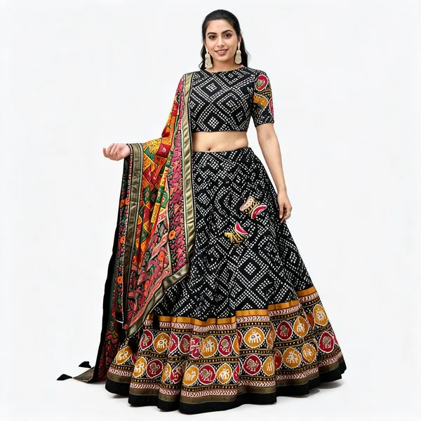 Navratri_Special_Black_Color_Patola_Print_Lehenga_Choli_For_Women