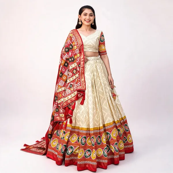 Navratri_Special_White_Color_Patola_Print_Lehenga_Choli_For_Women